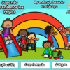 Seis niños juegan juntos al aire libre cerca de un arco iris de colores. Dos están en un tobogán, dos juegan con una pelota y los demás se sientan y sonríen. El texto dice: "Jugando aprendemos las reglas", "Aprendizaje basado en el juego", "Adaptación", "Convivencia", "Juegos".