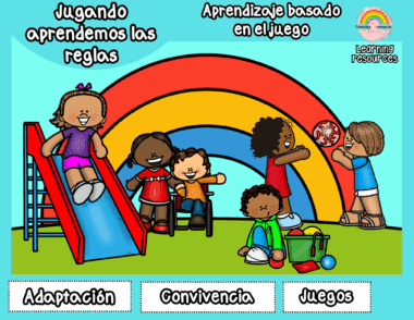 Seis niños juegan juntos al aire libre cerca de un arco iris de colores. Dos están en un tobogán, dos juegan con una pelota y los demás se sientan y sonríen. El texto dice: "Jugando aprendemos las reglas", "Aprendizaje basado en el juego", "Adaptación", "Convivencia", "Juegos".