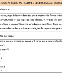 Descripción de un juego en español sobre mutaciones cromosómicas, con una lista de componentes: tarjetas de cromosomas sanos y con mutaciones (deleción, duplicación, inversión, translocación), y una breve explicación del propósito educativo del juego.