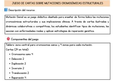 Descripción de un juego en español sobre mutaciones cromosómicas, con una lista de componentes: tarjetas de cromosomas sanos y con mutaciones (deleción, duplicación, inversión, translocación), y una breve explicación del propósito educativo del juego.