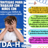 Folleto educativo para profesores sobre estrategias para trabajar con niños con TDAH; incluye consejos, ventajas de un paquete PowerPoint y presenta iconos y un niño escribiendo en un cuaderno.