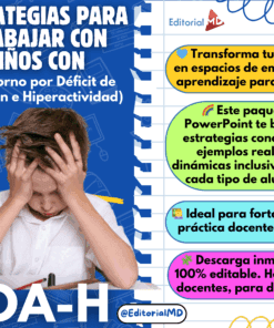 Folleto educativo para profesores sobre estrategias para trabajar con niños con TDAH; incluye consejos, ventajas de un paquete PowerPoint y presenta iconos y un niño escribiendo en un cuaderno.