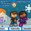 Tres niños de dibujos animados vestidos con ropa de invierno están de pie al aire libre con montañas nevadas de fondo. El texto en español dice: "Llegó el frío... ¿Y ahora qué hacemos? Unidad didáctica". Se muestran iconos de juegos, exploración y autocuidado.