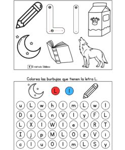 Hoja de trabajo en español con dos secciones: la primera tiene imágenes para calcar y colorear (lápiz, luna, libro, lobo, cartón de leche), la segunda pide colorear burbujas que contienen la letra 