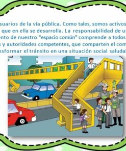 Ilustración de un libro infantil que muestra una concurrida escena de La responsabilidad en la vía pública con automóviles, familias e individuos, con el objetivo de educar sobre la seguridad vial y el reparto de responsabilidades en el espacio público.