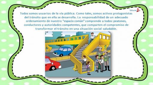 Ilustración de un libro infantil que muestra una concurrida escena de La responsabilidad en la vía pública con automóviles, familias e individuos, con el objetivo de educar sobre la seguridad vial y el reparto de responsabilidades en el espacio público.