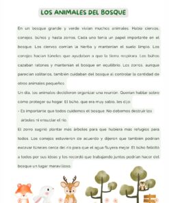 Una colorida ficha de español para estudiantes, titulada "Los animales del bosque", describe los animales del bosque y sus funciones. Los animales ilustrados (un ciervo, un zorro, un búho, una ardilla y un conejo) aparecen en la parte inferior, entre la hierba y los árboles.