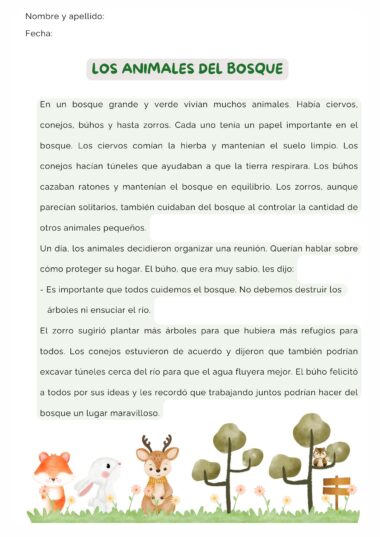 Una colorida ficha de español para estudiantes, titulada "Los animales del bosque", describe los animales del bosque y sus funciones. Los animales ilustrados (un ciervo, un zorro, un búho, una ardilla y un conejo) aparecen en la parte inferior, entre la hierba y los árboles.