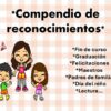 Tres sonrientes niños de dibujos animados permanecen juntos delante de un fondo a cuadros, con texto en español que enumera tipos de reconocimientos como graduación, profesores, padres y día del niño.