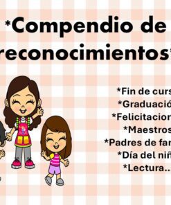 Tres sonrientes niños de dibujos animados permanecen juntos delante de un fondo a cuadros, con texto en español que enumera tipos de reconocimientos como graduación, profesores, padres y día del niño.