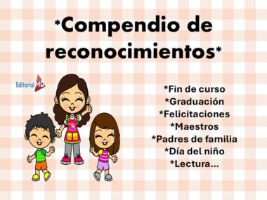 Tres sonrientes niños de dibujos animados permanecen juntos delante de un fondo a cuadros, con texto en español que enumera tipos de reconocimientos como graduación, profesores, padres y día del niño.
