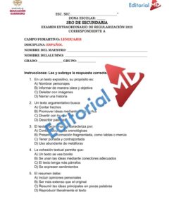 Examen Extraordinario ESPAÑOL TERCERO de Secundaria NEM 2025