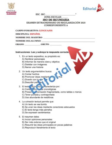 Examen Extraordinario ESPAÑOL TERCERO de Secundaria NEM 2025