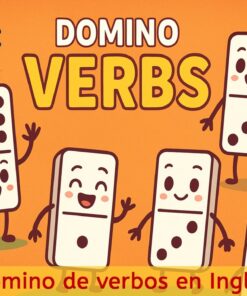 Ilustración de piezas de dominó alegres con caras y brazos, bajo el texto "DOMINO VERBS" y "Domino de verbos en Ingles" sobre fondo naranja. Logotipo de Byte en la esquina superior izquierda.