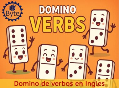 Ilustración de piezas de dominó alegres con caras y brazos, bajo el texto "DOMINO VERBS" y "Domino de verbos en Ingles" sobre fondo naranja. Logotipo de Byte en la esquina superior izquierda.