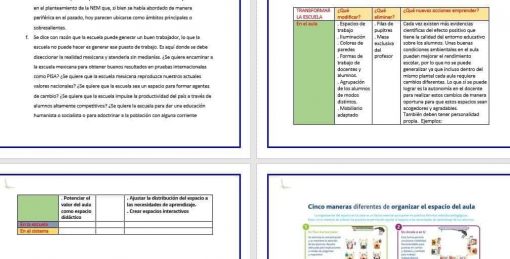 Cuatro capturas de pantalla de Productos contestados del taller Nueva Escuela Mexicana, cada una de las cuales muestra diferentes estilos de texto y diseño sobre el diseño y la organización de la información.