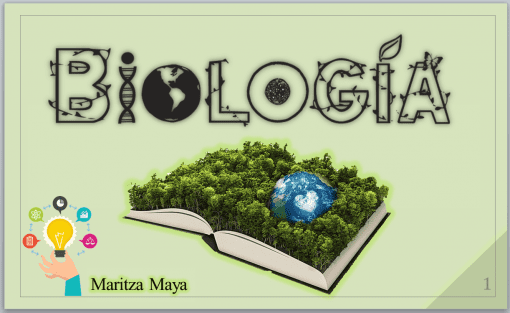 Una diapositiva educativa titulada "Mi Primer Clase De Biología (Primaria)" que presenta un gran libro abierto con un bosque verde vibrante y un globo terráqueo detallado. El fondo es de color amarillo pálido y hay íconos coloridos que representan la creatividad y la ciencia en el