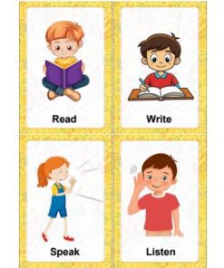 Cuatro tarjetas ilustradas: un niño leyendo un libro con la etiqueta 