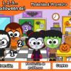 Cuatro niños disfrazados de Halloween en una colorida aula decorada con calabazas, murciélagos y telarañas. En la parte inferior aparecen tres temas de aprendizaje: diversión, resolución de problemas y contar.
