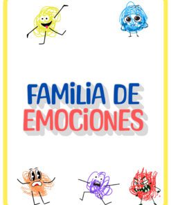 Un cartel con coloridos personajes garabateados que muestran diferentes emociones y el texto en español "Familia de Emociones" en el centro. Los personajes parecen felices, tristes, asustados, sorprendidos y enfadados.