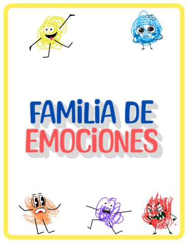 Un cartel con coloridos personajes garabateados que muestran diferentes emociones y el texto en español "Familia de Emociones" en el centro. Los personajes parecen felices, tristes, asustados, sorprendidos y enfadados.