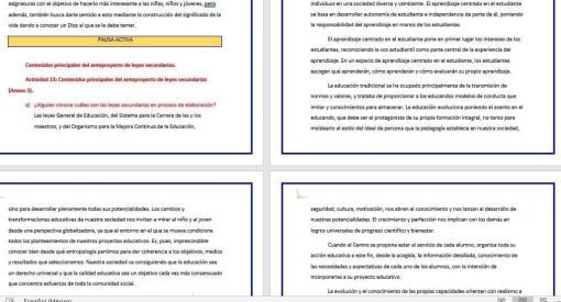 Esta imagen muestra dos páginas de un documento de los "Productos contestados del taller Nueva Escuela Mexicana", con texto presentado en formato de dos columnas. Cada página contiene encabezados y viñetas que resaltan información clave. El texto está en español y se centra en contenidos educativos.