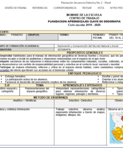 Captura de pantalla del documento Paquete Planeaciones de Geografía Secundaria (1er Trimestre) que muestra una plantilla de plan de lección con varios campos completados, incluidos objetivos y métodos de enseñanza. Varios textos en español y un mapa incrustado de geografía secundaria son visibles en la pantalla.