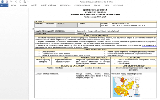 Captura de pantalla del documento Paquete Planeaciones de Geografía Secundaria (1er Trimestre) que muestra una plantilla de plan de lección con varios campos completados, incluidos objetivos y métodos de enseñanza. Varios textos en español y un mapa incrustado de geografía secundaria son visibles en la pantalla.