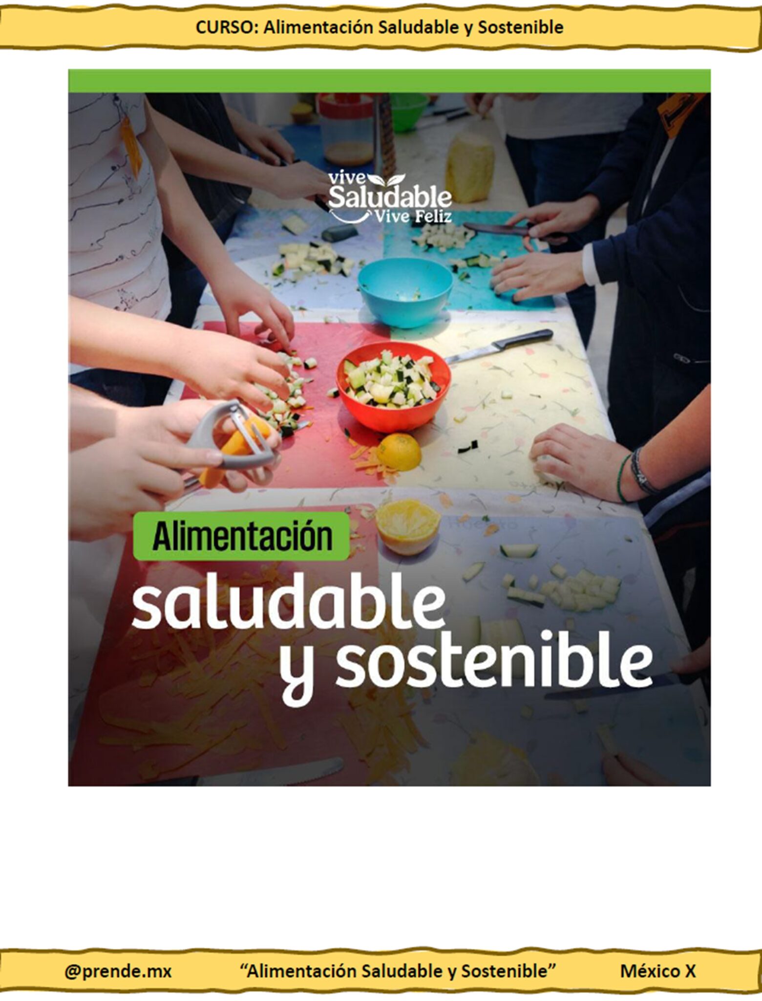 Curso Contestado Alimentación Saludable y Sostenible 2 Un grupo de personas alrededor de una mesa cortando frutas y verduras para promover una alimentación sana y sostenible. El texto reza: "Alimentación saludable y sostenible".