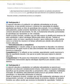 Curso Contestado "Atención educativa a estudiantes con aptitudes sobresalientes de educación básica" 7 Un texto educativo en español aborda la importancia de reconocer y apoyar a los alumnos con aptitudes avanzadas. También aborda la retroalimentación y las comparaciones entre alumnos.