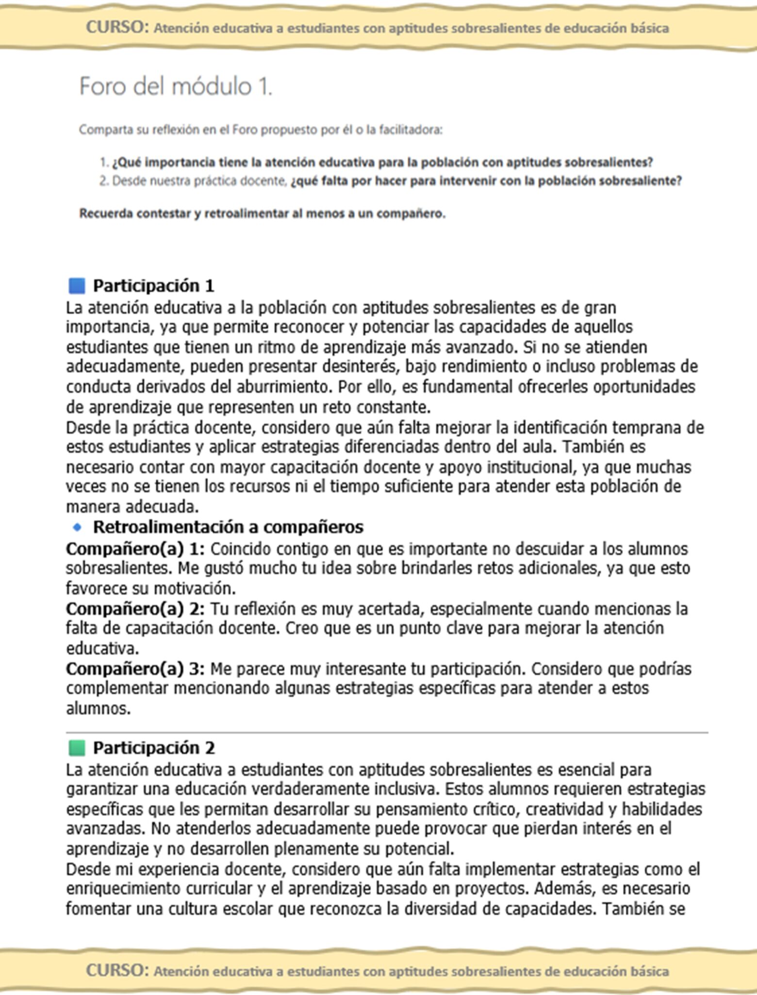 Curso Contestado "Atención educativa a estudiantes con aptitudes sobresalientes de educación básica" 2 Un texto educativo en español aborda la importancia de reconocer y apoyar a los alumnos con aptitudes avanzadas. También aborda la retroalimentación y las comparaciones entre alumnos.