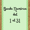 Un gráfico vertical que presenta una tarjeta verde menta con lunares blancos sobre un fondo de arpillera. La tarjeta muestra la Banda numérica del al 1 al 31 en fuente cursiva negra.