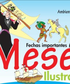 Pancarta ilustrativa titulada "Los Meses del Año para Preescolar y Primaria" que presenta diversas escenas, entre ellas un juez, un santo, personas con trajes históricos y animales, que representan varios meses.