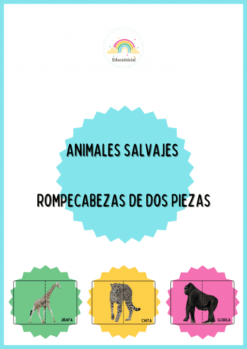 Un cartel titulado "Rompecabezas de animales salvajes". En la parte inferior, las imágenes de una jirafa, un guepardo y un gorila están etiquetadas en español: "Jirafa", "Chita" y "Gorila". El fondo blanco se realza con acentos coloridos.