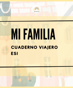 Una portada decorativa con dibujos de casas en colores pastel al fondo. En el centro, el texto en negrita dice **Mi Familia. Cuaderno Viajero ESI**. El diseño presenta ilustraciones sencillas de plantas a ambos lados del texto.