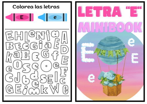 Páginas una al lado de la otra de un libro de actividades del abecedario para niños en español. La página de la izquierda presenta la instrucción "Colorea las letras" con letras dispersas 'E' y 'e' para colorear. La página derecha es una portada colorida titulada "Cuadernillo letra 'E'" con un globo aerostático y un koala.