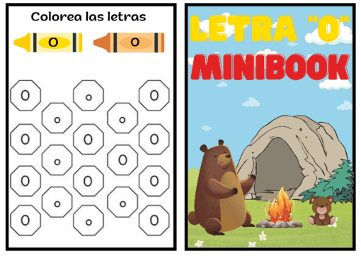Una hoja de actividades de dos páginas en español. La página de la izquierda muestra "Colorea las letras: Vocales" con imágenes de crayones y octágonos que contienen la letra "O". La página derecha dice "Cuadernillo Letra O" que muestra un oso sosteniendo un palo cerca de una cueva y una fogata.