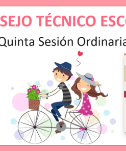 Un colorido cartel ilustrado anuncia la Quinta Sesión Ordinaria del CTE – Educación Básica. Febrero 2024 de la reunión del Consejo Técnico Escolar para el ciclo 2023-2024 dentro del CTE Educación Básica. Presenta a una pareja andando en bicicleta con corazones de fondo y detalles del evento. La fecha en la parte inferior derecha dice Febrero 2024.