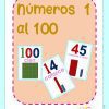 Flashcards para la enseñanza de NÚMEROS 1 AL 100 en español. La imagen presenta tres tarjetas que muestran los números 100 (cien), 14 (catorce) y 45 (cuarenta y cinco) con las ayudas visuales correspondientes. El fondo tiene un borde azul claro y un contorno rosa cosido.