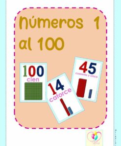 Flashcards para la enseñanza de NÚMEROS 1 AL 100 en español. La imagen presenta tres tarjetas que muestran los números 100 (cien), 14 (catorce) y 45 (cuarenta y cinco) con las ayudas visuales correspondientes. El fondo tiene un borde azul claro y un contorno rosa cosido.