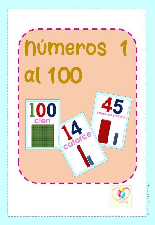 Flashcards para la enseñanza de NÚMEROS 1 AL 100 en español. La imagen presenta tres tarjetas que muestran los números 100 (cien), 14 (catorce) y 45 (cuarenta y cinco) con las ayudas visuales correspondientes. El fondo tiene un borde azul claro y un contorno rosa cosido.