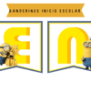 Banderines de Bienvenida con temática de Minions 25 Dos banderas escolares presentan personajes Minion de la serie Despicable Me. La bandera de la izquierda tiene un Minion sosteniendo plátanos delante de la letra