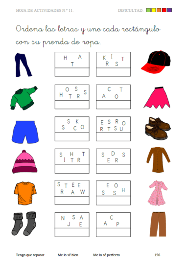 El "Libro de vocabulario inglés, 5-7 años" presenta dibujos de ropa con palabras desordenadas para que los estudiantes las descifren, las relacionen con elementos (camisa, pantalones, zapatos, etc.) y comenten sobre los colores adecuados.