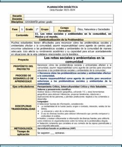 Un documento educativo detallado que describe el plan de enseñanza para una clase de geografía de 6to grado para TERCER TRIMESTRE Programa Analítico GEOGRAFÍA Secundaria 1º (Ciclo Escolar 2023 – 2024). El documento incluye campos para información escolar, temática, objetivos y contextualización de problemáticas relacionadas con los desafíos sociales y ambientales de la comunidad.