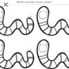 UNIDAD DIDACTICA ¡JUGUEMOS A MEDIR! 17 Cuatro gusanos idénticos de dibujos animados con caras sonrientes se perfilan sobre un fondo blanco. En la parte superior hay un texto en español y una línea discontinua con el icono de unas tijeras, que indica que los gusanos son para recortar.