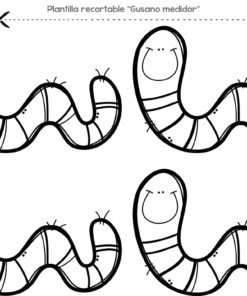 Cuatro gusanos idénticos de dibujos animados con caras sonrientes se perfilan sobre un fondo blanco. En la parte superior hay un texto en español y una línea discontinua con el icono de unas tijeras, que indica que los gusanos son para recortar.