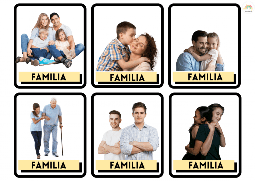 Una cuadrícula de seis cajas, cada una con la etiqueta "Mi Familia. Cuaderno Viajero ESI" en la parte inferior. Cada cuadro muestra diferentes familias: una familia de cuatro personas sentadas juntas, un niño abrazando a una mujer, un niño abrazando a un hombre, una pareja de ancianos caminando, dos hombres juntos y dos mujeres abrazándose. Destacado en Cuaderno Viajero.