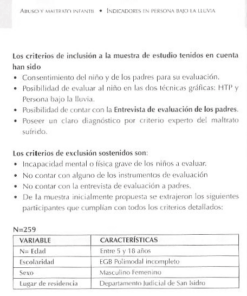 Un documento en español que detalla los criterios para un estudio sobre abuso y maltrato infantil. El texto incluye criterios de inclusión y exclusión, junto con una tabla que enumera variables como edad, nivel educativo, sexo, autoridades referidas y resultados de los 