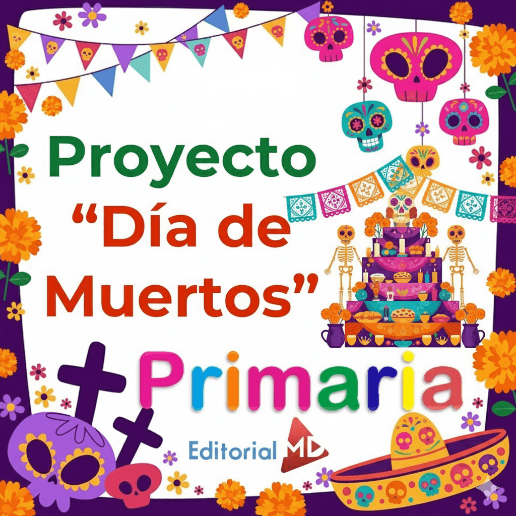 Planeación Proyecto Escolar: “Día de Muertos” 4°, 5° y 6° Grado Primaria NEM 2025 – 2026 1 Colorido cartel del "Proyecto Día de Muertos Primaria" con calaveras festivas, caléndulas, banderolas de papel picado, un altar con comida y elementos decorativos celebrando el Día de los Muertos. Logotipo de Editorial MD en la parte inferior.