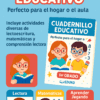 Cartel promocional de "Cuadernillo Educativo" para primer grado, con niños de dibujos animados leyendo, haciendo cuentas y jugando. El texto destaca la lectura, las matemáticas y el aprendizaje a través del juego, ideal para usar en casa o en el aula.